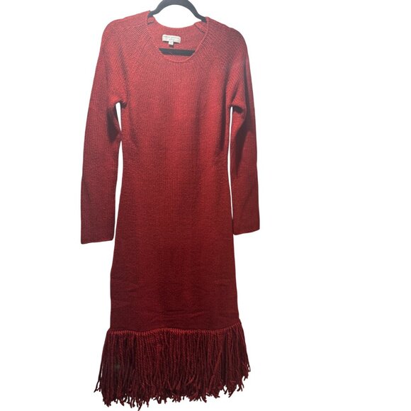 Marina Moscone Red Knit Fringe Hem Long Sleeve Dress L - Picture 3 of 5